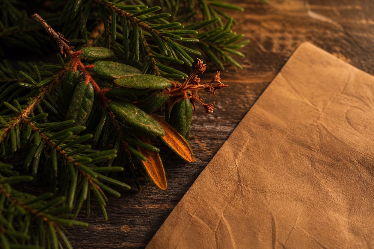 Spruce needles and a sprig of Labrador tea on kraft paper